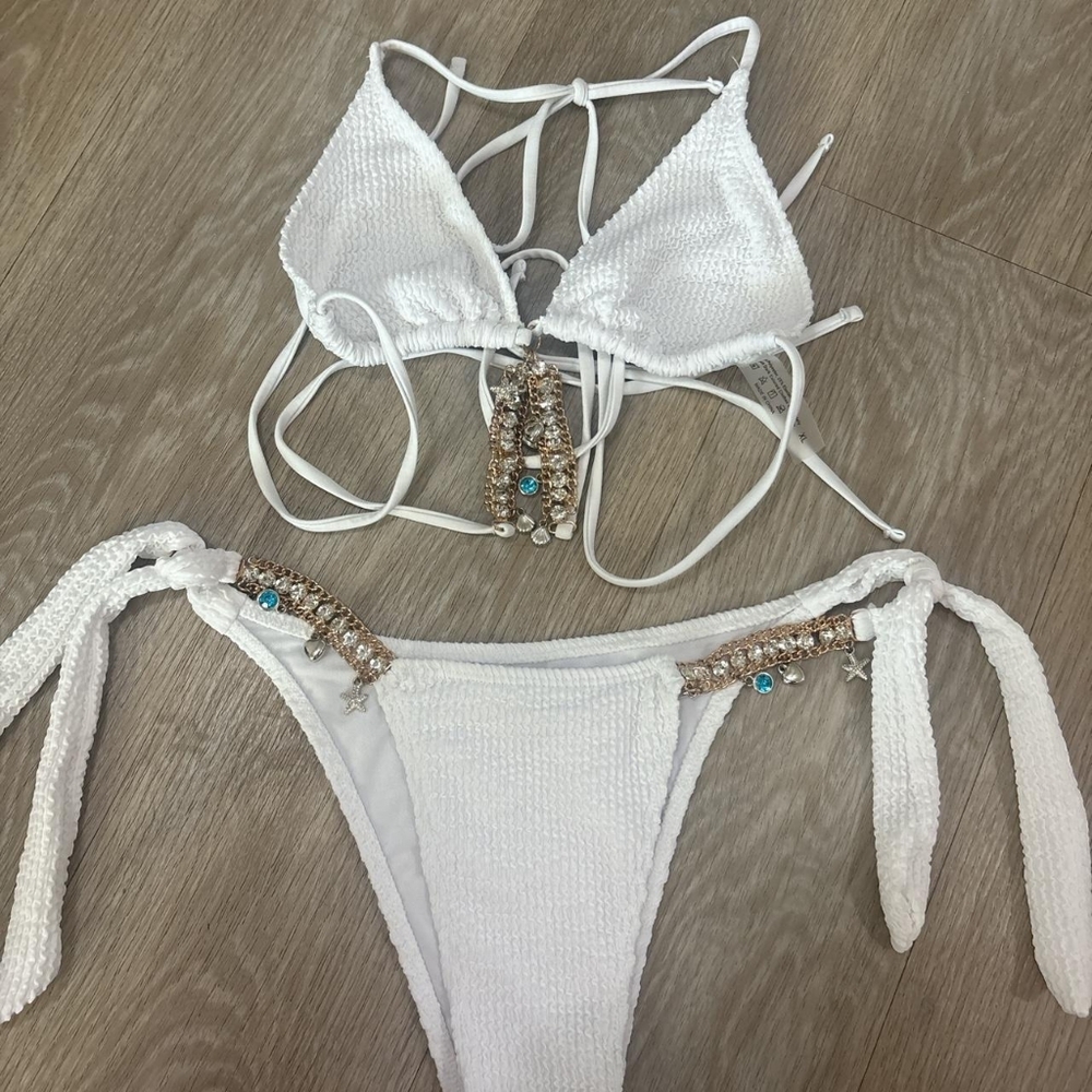 SHEIN White Bikini with Beaded Accents